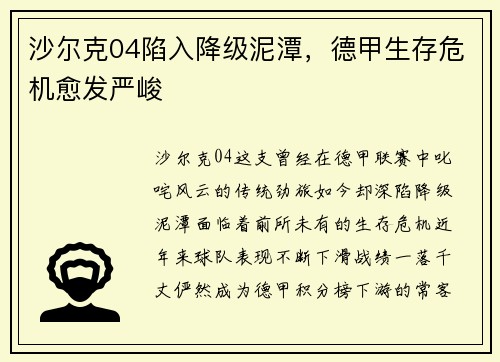 沙尔克04陷入降级泥潭，德甲生存危机愈发严峻